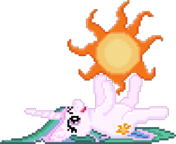 Size: 470x385 | Tagged: safe, artist:8-bitbrony, imported from derpibooru, princess celestia, alicorn, pony, cute, cutelestia, female, happy, legs in air, mare, missing accessory, ms paint, on back, one eye closed, open mouth, pixel art, playing, sillestia, silly, simple background, smiling, solo, sprite, sun, tangible heavenly object, transparent background, wink