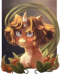 Size: 1249x1535 | Tagged: safe, artist:spirit-alu, imported from derpibooru, oc, oc only, pony, unicorn, bust, curved horn, freckles, leaves, portrait, smiling, solo