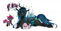 Size: 2300x1200 | Tagged: safe, artist:kraytt-05, imported from derpibooru, queen chrysalis, oc, oc:cotton foam, oc:neon star, changeling, changeling queen, changepony, hybrid, nymph, annoyed, changeling oc, cute, cutealis, ear bite, female, happy, heart, interspecies offspring, magical lesbian spawn, mare, mommy chrissy, mother, next generation, ocbetes, offspring, open mouth, parent:oc:fluffle puff, parent:pinkie pie, parent:princess cadance, parent:queen chrysalis, parent:shining armor, parents:cadalis, parents:canon x oc, parents:chrysipuff, parents:chryssie pie, parents:shining chrysalis, prone, queen chrysalis is not amused, simple background, smiling, unamused, white background
