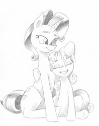 Size: 713x906 | Tagged: safe, artist:saturdaymorningproj, imported from derpibooru, rarity, sweetie belle, pony, unicorn, forever filly, duo, grayscale, hug, monochrome, simple background, sisters, sitting, traditional art