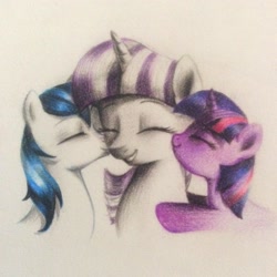 Size: 1936x1936 | Tagged: safe, artist:colorfulcolor233, artist:oofycolorful, imported from derpibooru, shining armor, twilight sparkle, twilight velvet, pony, unicorn, cheek kiss, eyes closed, kiss on the cheek, kissing, mother and daughter, mother and son, mother's day, platonic kiss, simple background, traditional art