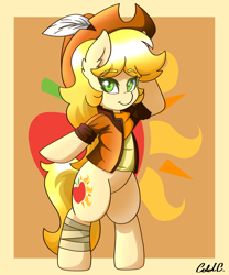 Size: 2000x2400 | Tagged: safe, artist:ciderpunk, imported from derpibooru, oc, oc only, oc:applesunrise, earth pony, pony, bandage, clothes, colored pupils, cowboy hat, cutie mark, feather, hat, solo, standing