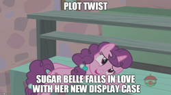 Size: 900x500 | Tagged: safe, edit, edited screencap, imported from derpibooru, screencap, sugar belle, pony, hard to say anything, cargo ship, display case, female, image macro, meme, plot twist, shipping, solo