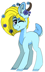 Size: 2777x4424 | Tagged: safe, artist:hellishprogrammer, artist:maximkoshe4ka, imported from derpibooru, oc, oc only, deer pony, original species, absurd resolution, flower, flower in hair, high res, horns, looking at you, male, one eye closed, simple background, smiling, smiling at you, solo, transparent background, wink, winking at you