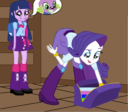 Size: 852x744 | Tagged: safe, artist:thewalrusclown, imported from derpibooru, rarity, spike, twilight sparkle, dog, equestria girls, bag, belt, bent over, body swap, boots, clothes, female, high heel boots, leg warmers, lesbian, looking at butt, rarilight, shipping, shoes, skirt, spike the dog