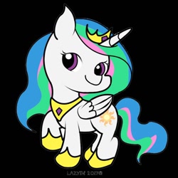 Size: 800x800 | Tagged: dead source, safe, artist:lazyin26, imported from derpibooru, princess celestia, alicorn, pony, black background, chibi, crown, female, jewelry, looking at you, peytral, raised hoof, regalia, simple background, solo