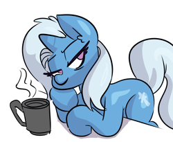 Size: 1280x1051 | Tagged: safe, artist:fauxsquared, imported from derpibooru, trixie, pony, unicorn, bags under eyes, bedroom eyes, coffee mug, female, leaning, lidded eyes, looking at you, mug, no pupils, simple background, solo, steam, tired, white background