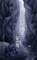 Size: 1000x1618 | Tagged: safe, artist:pastelpupils, imported from derpibooru, maud pie, earth pony, pony, rock solid friendship, eyes in the dark, female, ghastly gorge, mare, ravine, solo