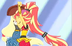 Size: 1455x921 | Tagged: safe, imported from derpibooru, screencap, applejack, sunset shimmer, dance magic, equestria girls, spoiler:eqg specials, alternate hairstyle, clothes, dancing, duo, eyes closed, female, hat, ponied up, skirt