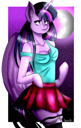 Size: 705x1112 | Tagged: safe, artist:yanafox123, imported from derpibooru, twilight sparkle, alicorn, anthro, unguligrade anthro, arm hooves, breasts, cleavage, clothes, cute, female, heart eyes, moon, night, off shoulder, skirt, socks, solo, stars, tanktop, thigh highs, twilight sparkle (alicorn), wingding eyes, zettai ryouiki