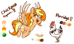 Size: 1052x626 | Tagged: safe, artist:spacechickennerd, imported from derpibooru, oc, oc only, oc:chickpea, oc:porridge, chicken, pegasus, pony, female, mare, pet, pet oc, reference sheet, simple background, transparent background