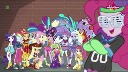 Size: 1600x900 | Tagged: safe, imported from derpibooru, screencap, applejack, fluttershy, lemon zest, pinkie pie, rainbow dash, rarity, sci-twi, sour sweet, sugarcoat, sunny flare, sunset shimmer, twilight sparkle, dance magic, equestria girls, spoiler:eqg specials, alternate hairstyle, armpits, boots, clothes, converse, dance magic (song), dress, eyes closed, female, glasses, graffiti, high heel boots, humane five, humane seven, humane six, legs, lidded eyes, ponied up, rapper dash, rapper pie, scitwilicorn, shoes, shutter shades, skirt, sleeveless, socks, street ballet, street ballet tutu, sunglasses, teletoon