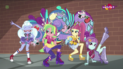 Size: 1600x900 | Tagged: safe, imported from derpibooru, screencap, lemon zest, sour sweet, sugarcoat, sunny flare, dance magic, equestria girls, spoiler:eqg specials, boots, clothes, converse, crystal prep shadowbolts, cute, cutie mark, dance magic (song), ear piercing, earring, eyes closed, female, freckles, glasses, graffiti, group, headphones, high heel boots, high heels, jewelry, piercing, pose, raised leg, shoes, skirt, sneakers, socks, teletoon, tutu