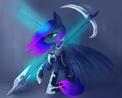 Size: 1024x819 | Tagged: safe, artist:nutty-stardragon, imported from derpibooru, princess luna, alicorn, pony, clothes, female, glowing horn, gradient background, magic, mare, scythe, solo, telekinesis