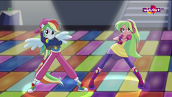 Size: 1600x900 | Tagged: safe, imported from derpibooru, screencap, lemon zest, rainbow dash, dance magic, equestria girls, spoiler:eqg specials, backwards ballcap, baseball cap, boots, cap, clothes, converse, dance magic (song), ear piercing, earring, female, hat, headphones, high heel boots, piercing, ponied up, pose, rapper dash, shoes, skirt, sneakers, teletoon