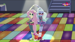 Size: 1600x900 | Tagged: safe, imported from derpibooru, screencap, fluttershy, sugarcoat, dance magic, equestria girls, spoiler:eqg specials, ballet slippers, clothes, converse, dance magic (song), duo, female, ponied up, pose, shoes, skirt, sneakers, socks, teletoon