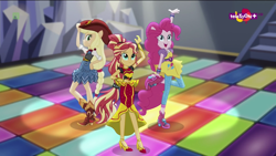 Size: 1600x900 | Tagged: safe, imported from derpibooru, screencap, applejack, pinkie pie, sunset shimmer, dance magic, equestria girls, spoiler:eqg specials, dance magic (song), ponied up, pose, teletoon