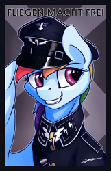 Size: 1100x1700 | Tagged: safe, artist:gasmaskfox, imported from derpibooru, rainbow dash, pony, clothes, female, german, german soldier, nazi, no source available, officer, op is a duck, salute, schutzstaffel, solo, uniform