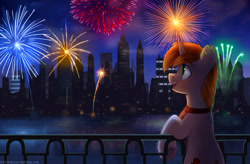 Size: 2445x1601 | Tagged: safe, artist:kaylemi, imported from derpibooru, oc, oc only, pony, building, city, commission, fireworks, night, open mouth, skyscraper, solo, ych result