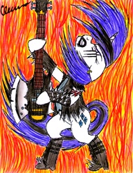 Size: 1260x1640 | Tagged: safe, artist:the1king, imported from derpibooru, rarity, pony, unicorn, honest apple, axe bass, bass guitar, boots, brütal, clothes, ear piercing, earring, female, gene simmons, guitar, guitarity, jewelry, makeup, mare, metal, metal as fuck, musical instrument, piercing, shoes, solo