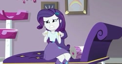 Size: 743x391 | Tagged: safe, imported from derpibooru, screencap, rarity, dance magic, equestria girls, spoiler:eqg specials, clothes, couch, cute, female, sad, skirt, solo