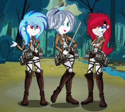 Size: 2192x1956 | Tagged: safe, artist:yulianapie26, imported from derpibooru, oc, oc only, equestria girls, anime, attack on titan, clothes, colored pupils, equestria girls-ified, forest, heterochromia, outdoors, smiling, sword, trio, weapon