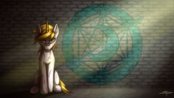 Size: 2464x1386 | Tagged: safe, artist:setharu, imported from derpibooru, oc, oc only, oc:goldenblood, pony, unicorn, fallout equestria, fallout equestria: project horizons, crepuscular rays, emblem, ministry of arcane sciences, ministry of awesome, ministry of image, ministry of morale, ministry of peace, ministry of wartime technology, office of interministry affairs, scar, solo, symbols, wall