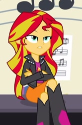 Size: 387x585 | Tagged: safe, imported from derpibooru, screencap, sunset shimmer, equestria girls, rainbow rocks, annoyed, boots, clothes, cropped, crossed arms, crossed legs, female, high heel boots, jacket, leather jacket, lidded eyes, music notes, musical instrument, piano, skirt, solo, unamused