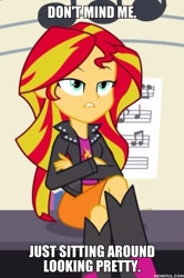 Size: 600x906 | Tagged: safe, edit, edited screencap, imported from derpibooru, screencap, sunset shimmer, equestria girls, rainbow rocks, annoyed, boots, clothes, cropped, crossed arms, female, high heel boots, image macro, jacket, leather jacket, meme, memeful.com, musical instrument, piano, solo, unamused