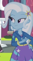 Size: 342x616 | Tagged: safe, imported from derpibooru, screencap, trixie, equestria girls, rainbow rocks, better than ever, canterlot high, clothes, cropped, female, hoodie, jacket, lidded eyes, skirt, solo