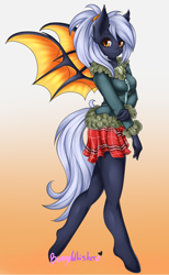 Size: 1024x1666 | Tagged: safe, artist:bunnywhiskerz, imported from derpibooru, oc, oc only, anthro, bat pony, unguligrade anthro, anthro oc, clothes, coat, cute, female, gradient background, moe, ocbetes, plaid, pleated skirt, skirt, solo