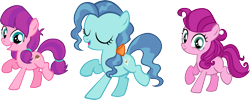 Size: 6309x2526 | Tagged: safe, artist:ironm17, imported from derpibooru, lily longsocks, petunia paleo, strawberry parchment, earth pony, pony, absurd resolution, adorasocks, bow, cute, dancing, eyes closed, female, grin, group, hair bow, lilydorable, mare, petuniabetes, simple background, singing, smiling, transparent background, trio, vector