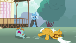 Size: 1280x720 | Tagged: safe, imported from derpibooru, screencap, snails, snips, trixie, pony, unicorn, magic duel, age progression, age regression, age spell, alicorn amulet, baby, baby pony, baby snips, beard, colt, crying, elderly, evil trixie, facial hair, glasses, male, older, younger