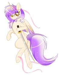 Size: 1024x1313 | Tagged: safe, artist:little-sketches, imported from derpibooru, oc, oc only, oc:melody sunshine, alicorn, pony, alicorn oc, colored pupils, commission, eye clipping through hair, female, katana, looking at you, magic, mare, simple background, smiling, solo, sword, transparent background, weapon, ych result