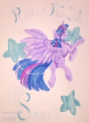 Size: 1607x2216 | Tagged: safe, artist:fanaticpanda, imported from derpibooru, twilight sparkle, twilight sparkle (alicorn), alicorn, pony, eyes closed, female, mare, signature, simple background, smiling, solo, stars, text, traditional art