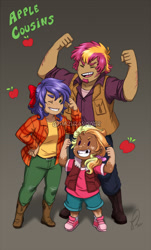 Size: 683x1133 | Tagged: safe, artist:hazurasinner, imported from derpibooru, oc, oc only, oc:apple syrup, oc:bing cherry, oc:peppermint cookie, human, cousins, flexing, humanized, humanized oc, magical lesbian spawn, offspring, parent:apple bloom, parent:applejack, parent:big macintosh, parent:cheerilee, parent:rarity, parent:tender taps, parents:cheerimac, parents:rarijack, parents:tenderbloom, watermark
