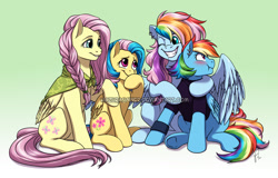 Size: 1265x808 | Tagged: safe, artist:hazurasinner, imported from derpibooru, fluttershy, rainbow dash, oc, oc:harmony (hazurasinner), oc:windy belle, pegasus, pony, blushing, braid, clothes, ear piercing, earring, family, female, flutterdash, jewelry, lesbian, magical lesbian spawn, mare, mother and daughter, obtrusive watermark, offspring, one eye closed, parent:fluttershy, parent:rainbow dash, parents:flutterdash, piercing, shipping, watermark, wink