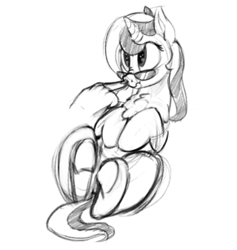 Size: 858x904 | Tagged: safe, artist:graboiidz, imported from derpibooru, oc, oc only, oc:rosette fluff, pony, boop, chest fluff, disembodied hand, female, hand, mare, monochrome, on back, sketch