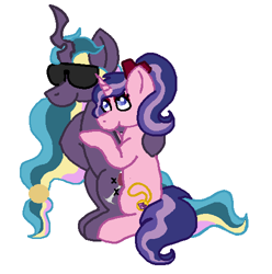 Size: 496x500 | Tagged: safe, artist:glamgoria-morose, imported from derpibooru, oc, oc only, oc:amethyst glow, oc:bedbug, pony, unicorn, kindverse, female, lesbian, magical gay spawn, mare, offspring, offspring shipping, offspring's offspring, parent:oc:ambrosia, parent:oc:hawk eye, parent:oc:paint swirl, parent:oc:royal splendor, parents:oc x oc, purple changeling, shipping, simple background, sunglasses, white background