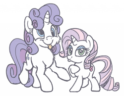 Size: 1280x995 | Tagged: safe, artist:pirill, imported from derpibooru, rarity, sweetie belle, pony, 30 minute art challenge, :p, :t, alternate hairstyle, cheek fluff, chest fluff, derp, duckface, eyeshadow, female, filly, fluffy, leg fluff, lidded eyes, makeup, mane swap, mare, raised hoof, raised leg, shoulder fluff, silly, simple background, smiling, smirk, solo, tongue out, white background