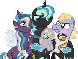 Size: 1751x1344 | Tagged: safe, artist:kindheart525, imported from derpibooru, oc, oc only, oc:ambrosia, oc:bedbug, oc:hawk eye, oc:mayfly, oc:monarch, alicorn, changeling queen, earth pony, pony, kindverse, alicorn oc, blushing, changeling queen oc, female, gay, interspecies offspring, looking at each other, magical gay spawn, magical lesbian spawn, male, offspring, offspring's offspring, parent:limestone pie, parent:oc:ambrosia, parent:oc:hawk eye, parent:princess celestia, parent:queen chrysalis, parent:zephyr breeze, parents:chryslestia, parents:zephyrstone, purple changeling, simple background, stallion, tsundere, wavy mouth, white background