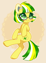 Size: 2535x3472 | Tagged: safe, artist:hawthornss, imported from derpibooru, oc, oc only, oc:star stitcher, pony, blushing, glasses, hearing aid, simple background, smiling, solo, underhoof