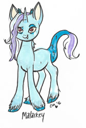 Size: 589x875 | Tagged: safe, artist:twinklestah, imported from derpibooru, oc, oc only, oc:malarkey, draconequus, hybrid, pony, unicorn, female, interspecies offspring, male, mare, offspring, parent:discord, parent:trixie, parents:trixcord, simple background, snaggletooth, solo, stallion, traditional art, white background