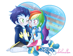 Size: 1280x989 | Tagged: safe, artist:pinkprincessblossom, imported from derpibooru, rainbow dash, soarin', equestria girls, blushing, boots, clothes, compression shorts, cute, dashabetes, equestria girls-ified, female, heart, male, multicolored hair, one eye closed, rainbow, shipping, shorts, simple background, skirt, smiling, soarindash, straight, tongue out, transparent background, wink