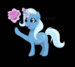 Size: 1280x1131 | Tagged: safe, artist:tayarinne, imported from derpibooru, trixie, pony, unicorn, black background, cup, female, happy, simple background, smiling, solo, teacup, that pony sure does love teacups