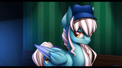 Size: 1920x1078 | Tagged: safe, artist:xn-d, imported from derpibooru, oc, oc only, oc:ice, pegasus, pony, hat, looking back, solo, wings