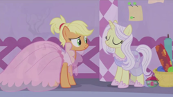 Size: 1366x768 | Tagged: safe, imported from derpibooru, screencap, applejack, lily lace, rarity, pony, honest apple, alternate hairstyle, clothes, cropped, cute, dress, see-through