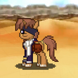 Size: 334x333 | Tagged: safe, imported from derpibooru, oc, oc only, oc:ashti, pony, unicorn, pony town, band, clothes, desert, male, pashmina scarf, pixel art, saddle bag, sandlander, solo, stallion, suit