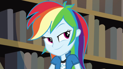 Size: 1280x720 | Tagged: safe, imported from derpibooru, screencap, rainbow dash, equestria girls, friendship games, book, bookshelf, clothes, cunning plan, faic, female, smug, solo