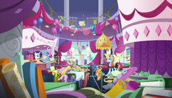 Size: 1920x1090 | Tagged: safe, imported from derpibooru, screencap, rarity, sassy saddles, pony, forever filly, canterlot carousel, messy